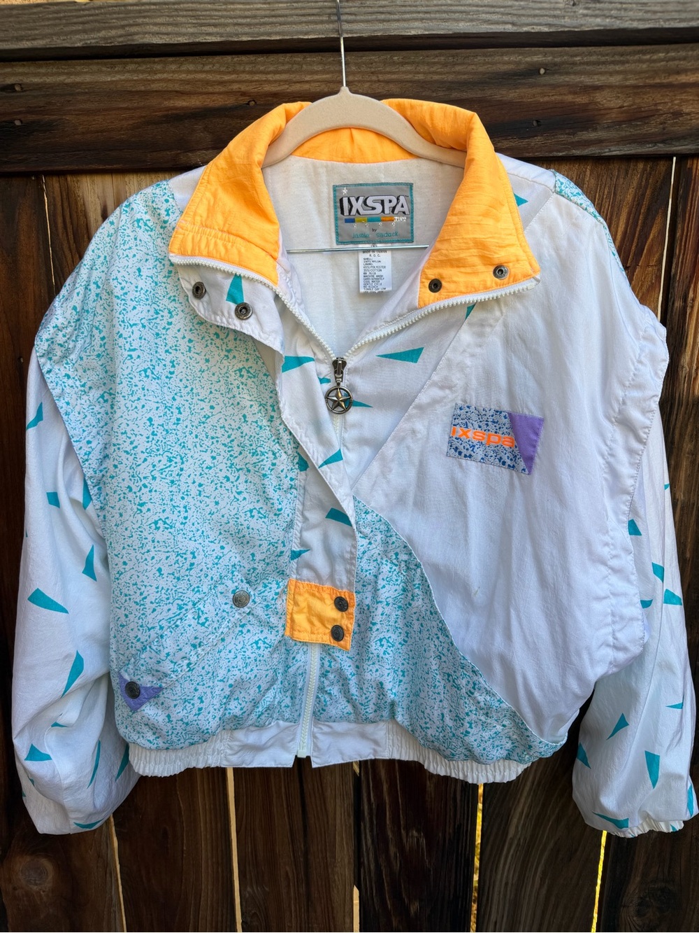 Vintage IXSPA jamie sadock White Windbreaker with Teal Accents and Yellow Collar